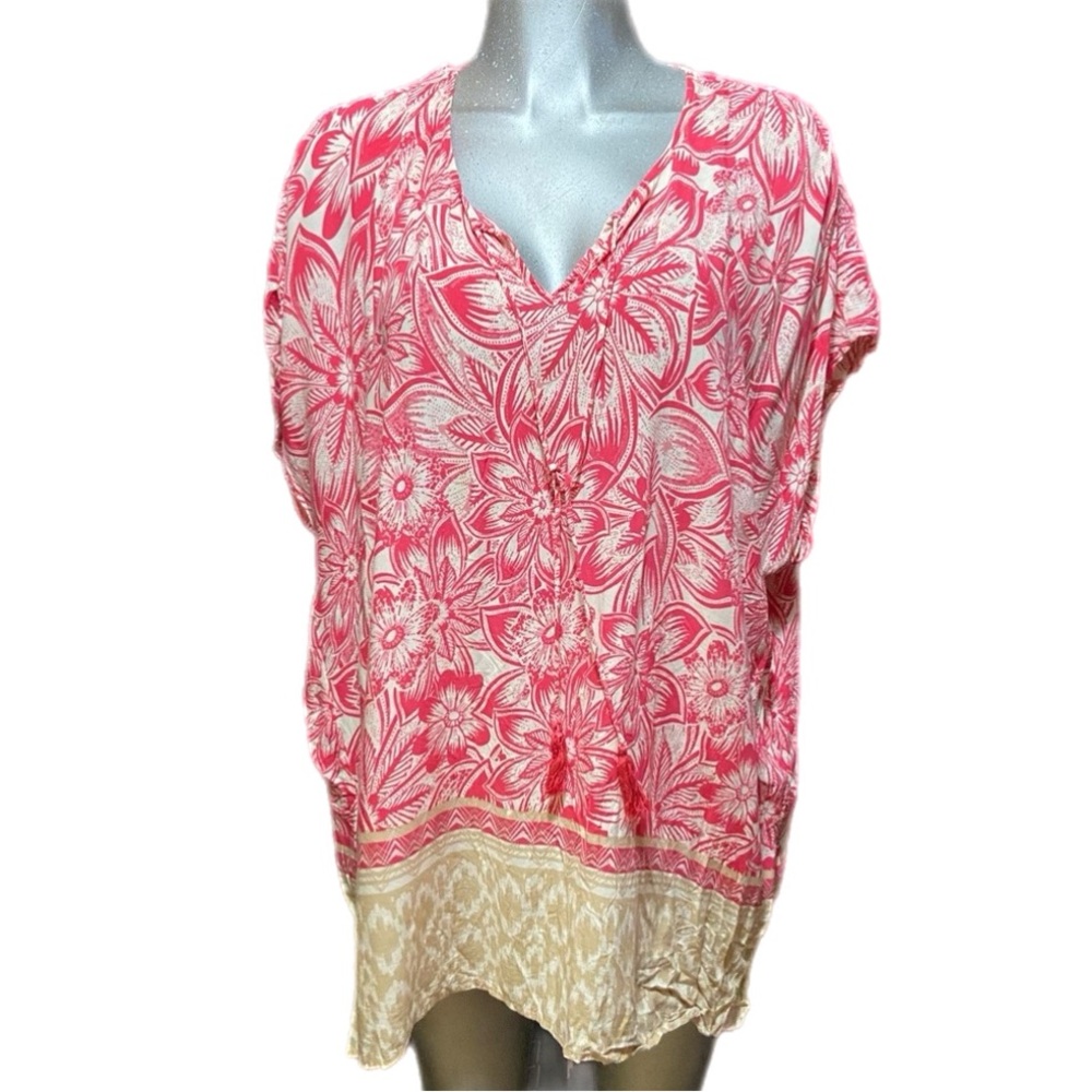 Lucy & Laurel Hawaiian Coastal Blouse Top Lightweight Size 2X-3X V Neck Ethereal